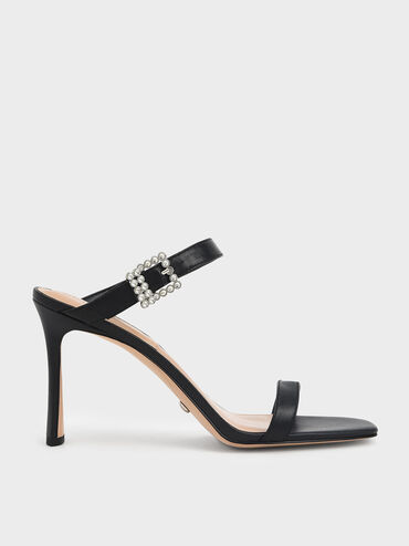 Leather Gem-Embellished Blade Heel Sandals, Black, hi-res