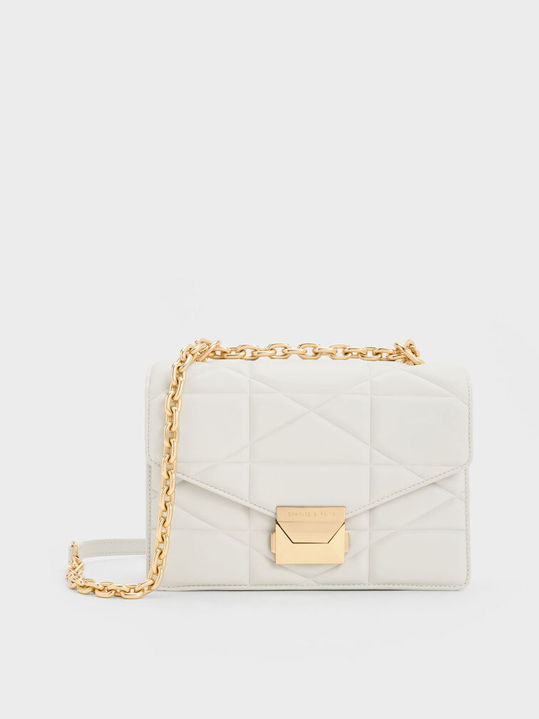 Chevron Quilted Shoulder Crossbody Gold Chain Black or White Bag - Choose  Colour