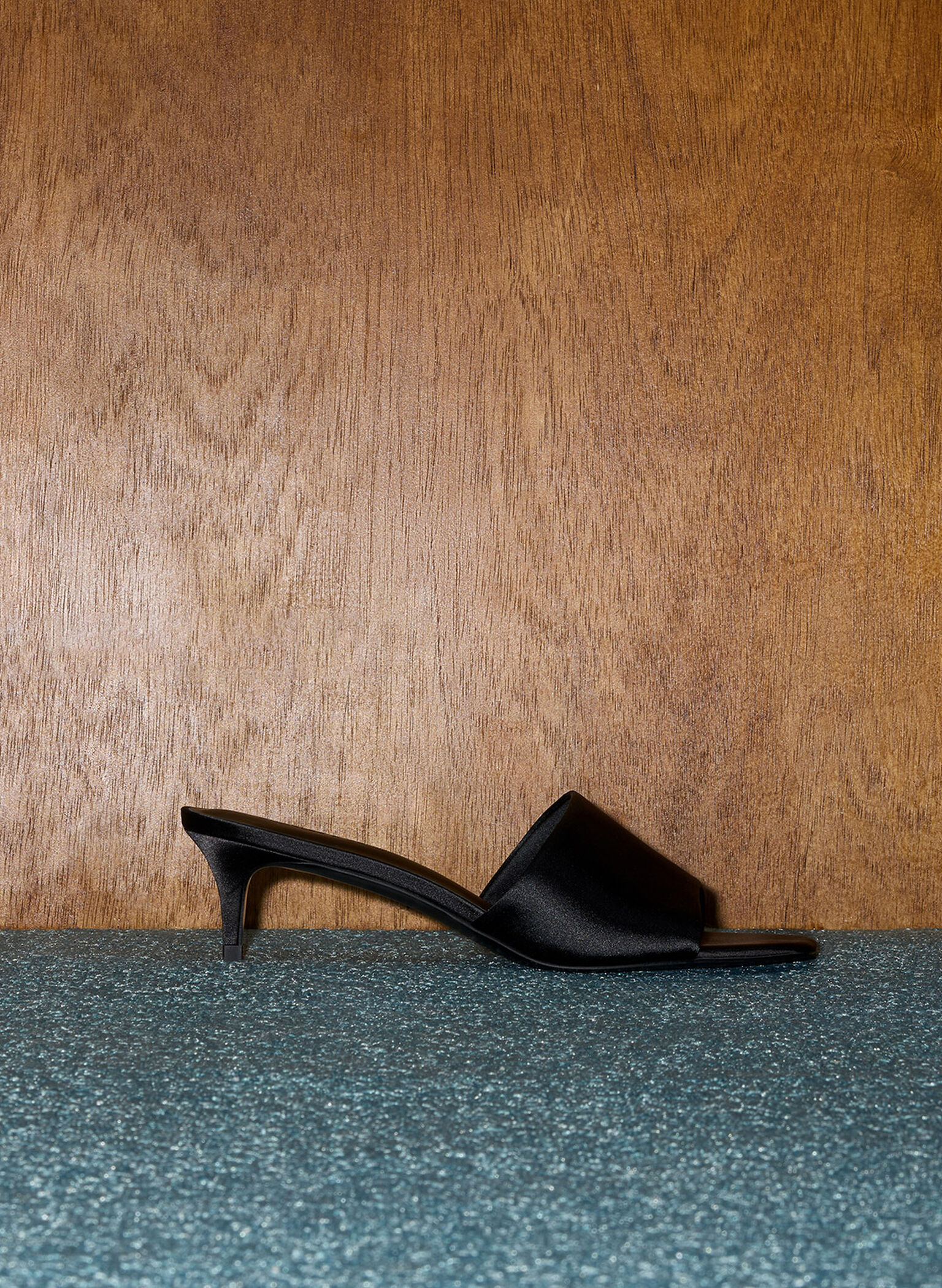 Satin Square-Toe Kitten-Heel Mules, Black Textured, hi-res