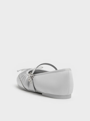 Girls' Satin Pearlescent Bow Mary Jane Flats, Silver, hi-res