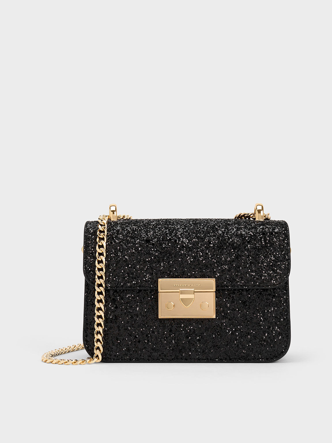 Glittered Push Lock Chain Handle Bag Black