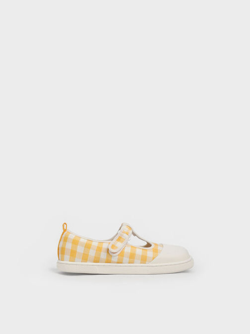 Girls' Linen Front-Strap Gingham-Print Shoes, Yellow, hi-res