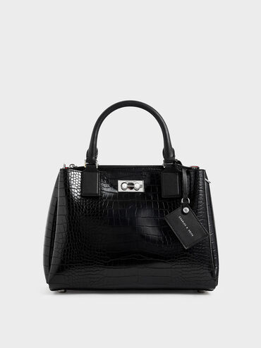 Croc-Effect Large Structured Bag, Black, hi-res