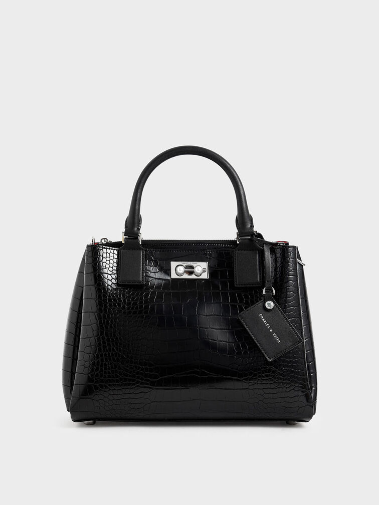 Croc-Effect Large Structured Bag, Black, hi-res