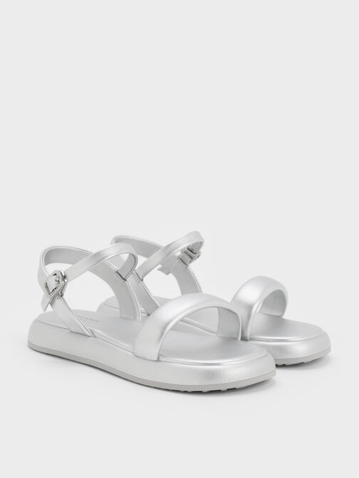 Girls' Metallic Puffy Ankle-Strap Sandals, Silver, hi-res