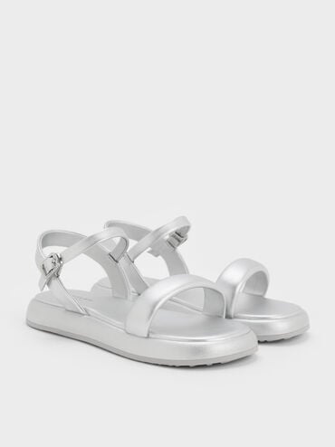 Girls' Metallic Puffy Ankle-Strap Sandals, Silver, hi-res