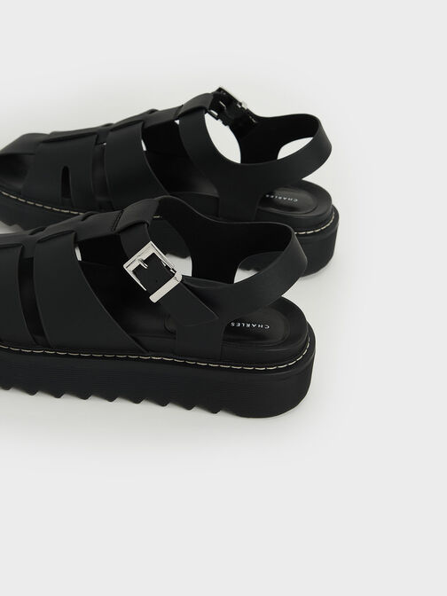 Buckled Caged Sandals, Black, hi-res