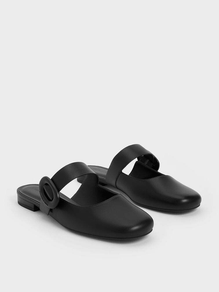 Oval-Buckle Flat Mules, Black, hi-res