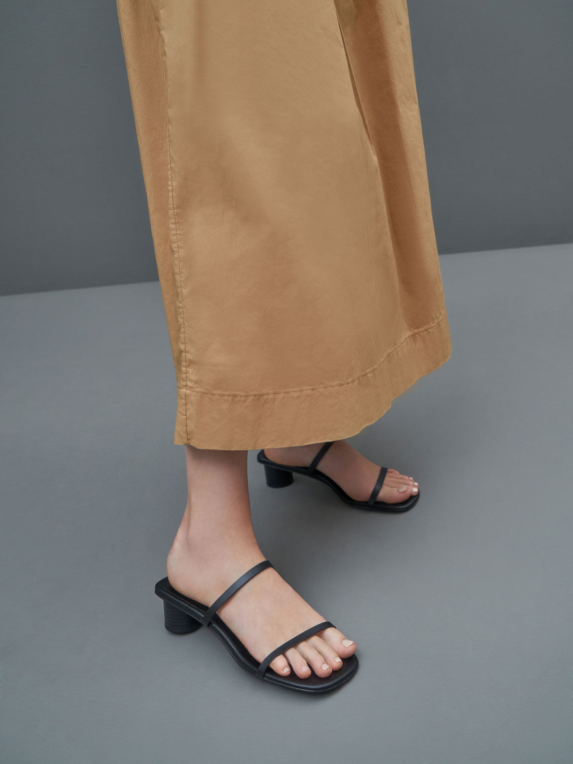 Black Double Strap Cylindrical Heel Mules - CHARLES & KEITH