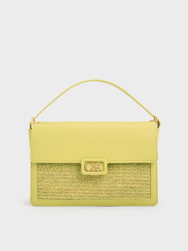 Leather & Raffia Shoulder Bag, Lime, hi-res