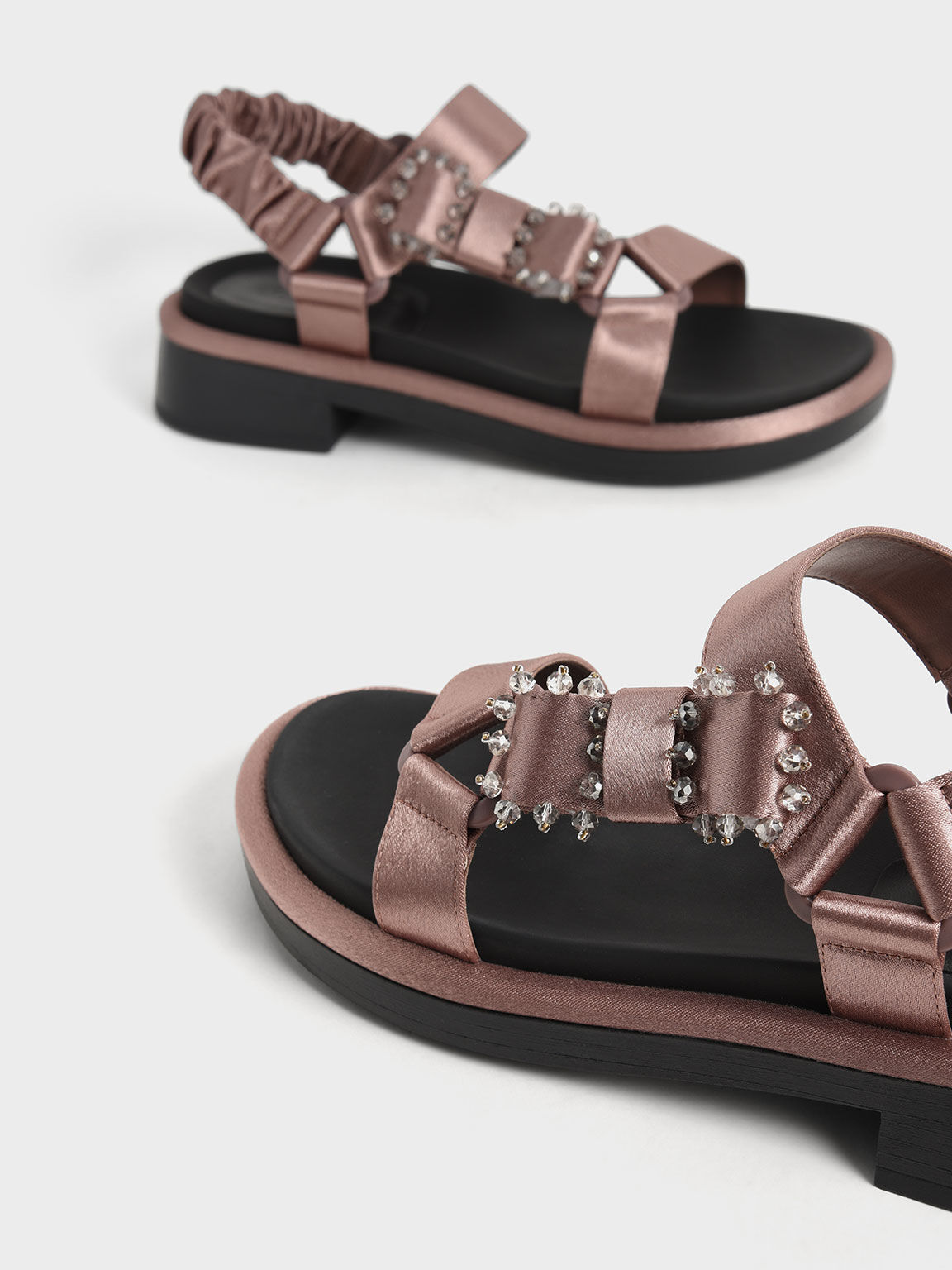 Miko Gem-Embellished Satin Sandals, Brown, hi-res
