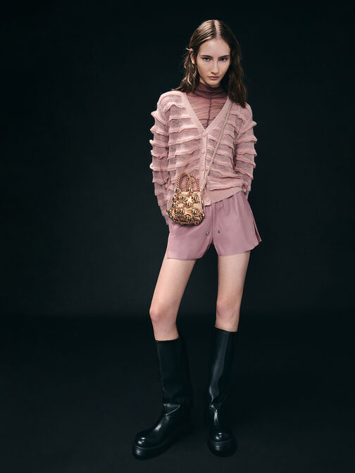 Metallic Beaded Top Handle Bag, Rose Gold, hi-res