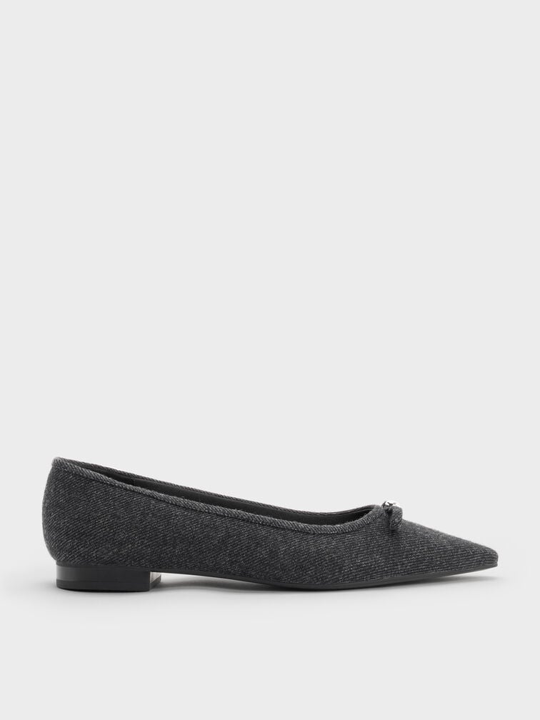 Felt Bow Metallic-Accent Pointed-Toe Ballet Flats, Dark Grey, hi-res