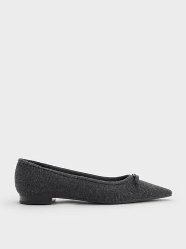 Felt Bow Metallic-Accent Pointed-Toe Ballet Flats, Dark Grey, hi-res