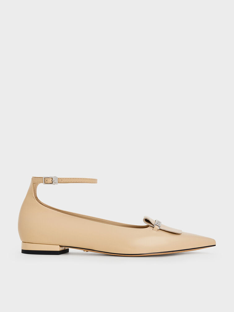 Leather Metallic-Accent Pointed-Toe Ankle-Strap Flats, Beige, hi-res