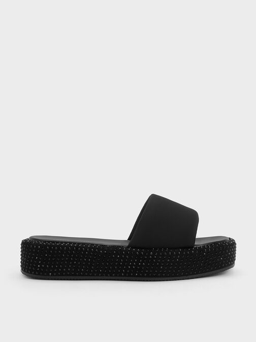 Crystal-Embellished Nylon Flatform Sandals, Black, hi-res
