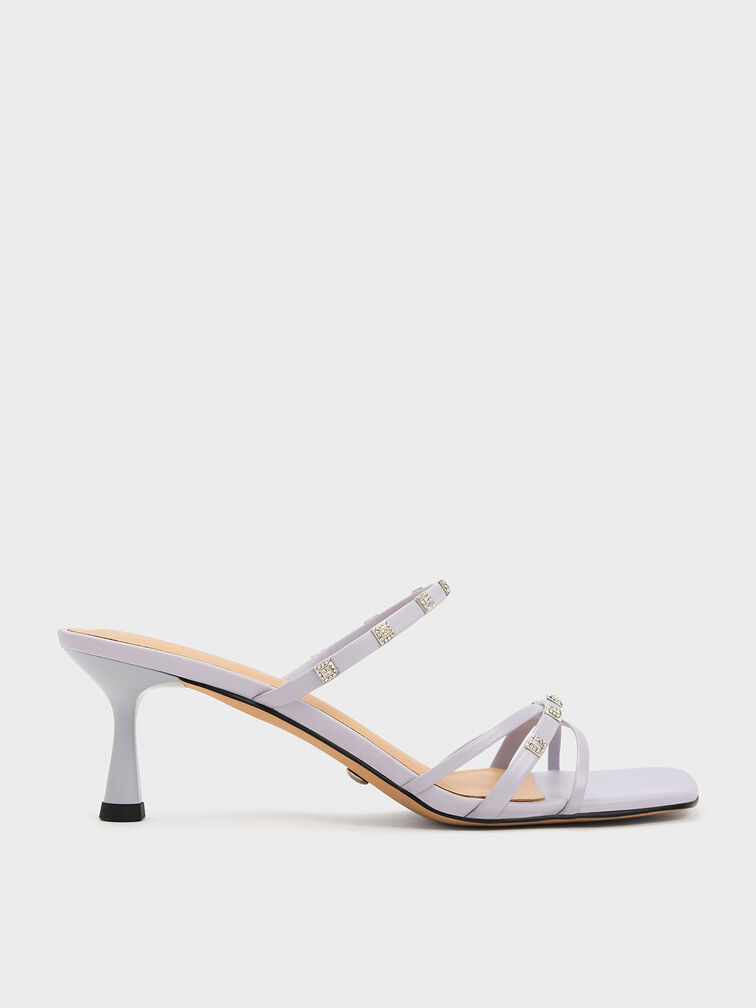 Square Crystal-Embellished Metallic Leather Heeled Mules, Lilac, hi-res