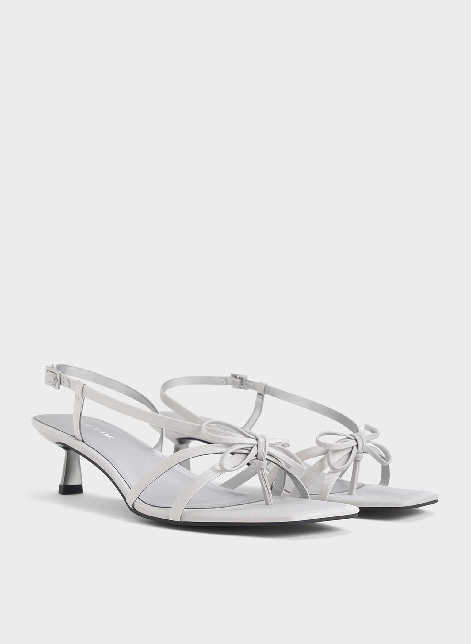 Bow Strappy Heeled Thong Sandals, Silver, hi-res