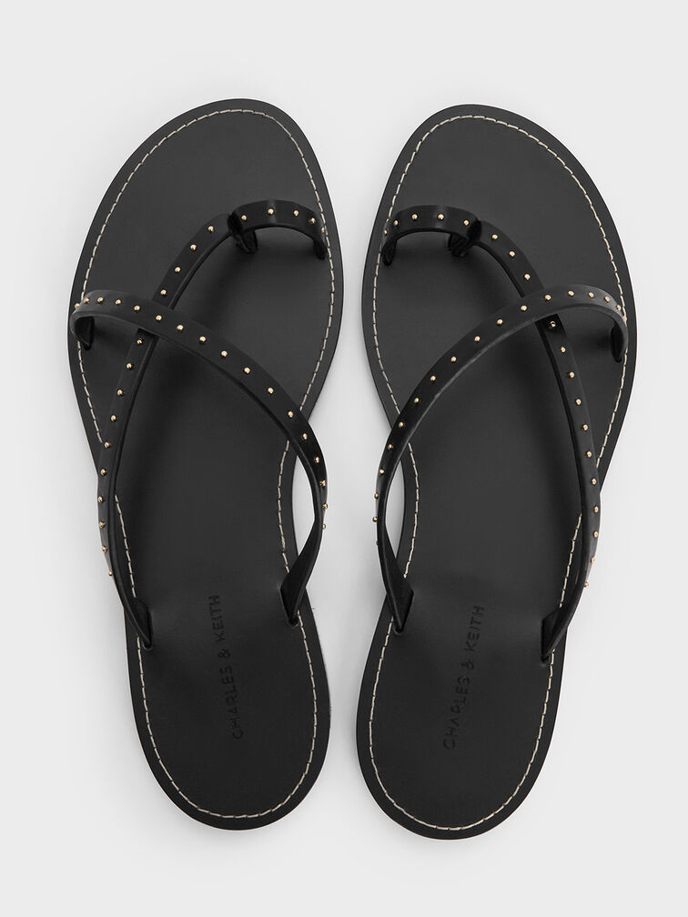 Sandálias com tiras assimétricas e tachas, Black, hi-res