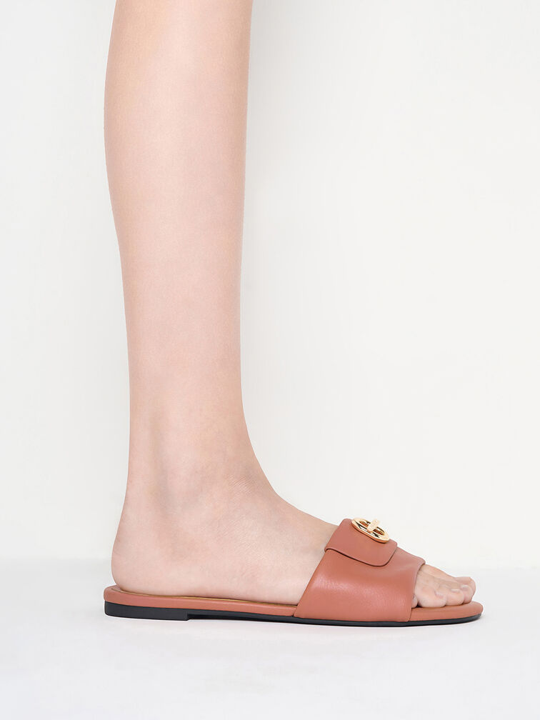 Metallic-Accent Slide Sandals, Pink, hi-res