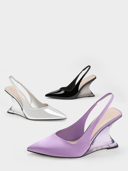 Metallic Sculptural Slingback Wedges, Silver, hi-res