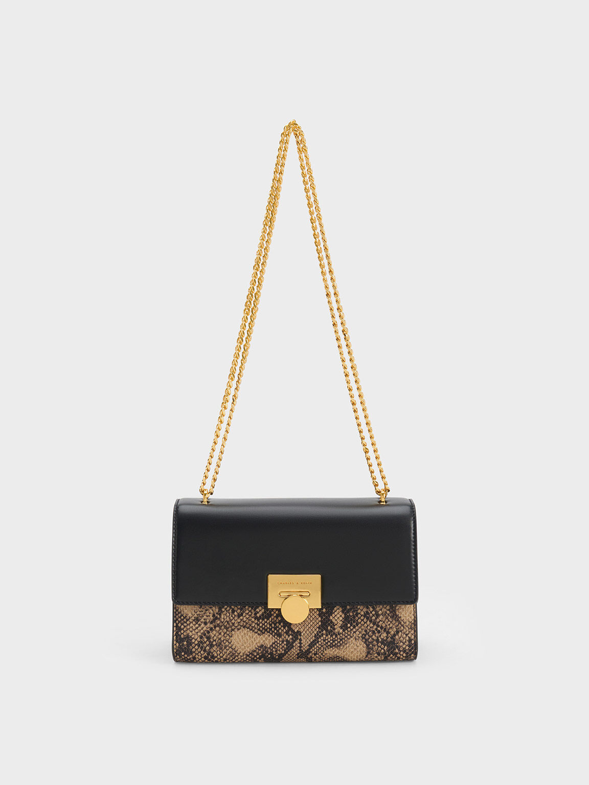 Bolso Clutch Estampado de Serpiente con Detalles Metálicos, Beige, hi-res
