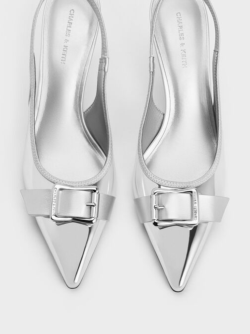 Metallic Buckled Pointed-Toe Slingback Pumps, Silver, hi-res