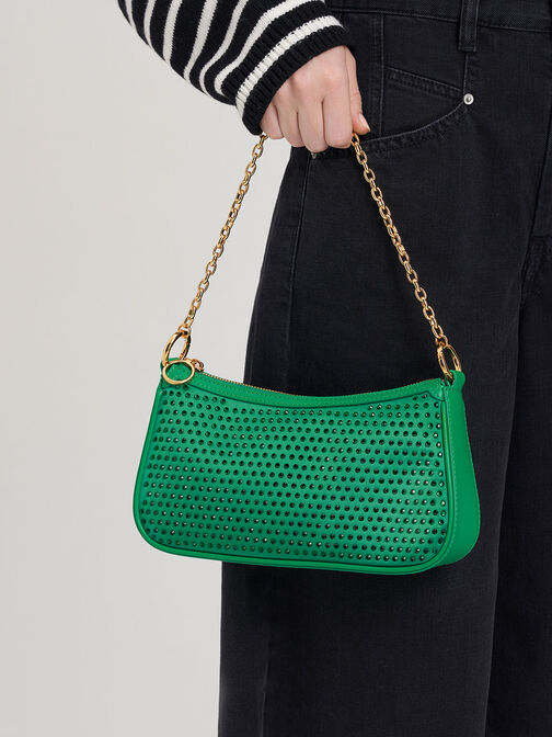 Crystal-Embellished Satin Shoulder Bag, Green, hi-res