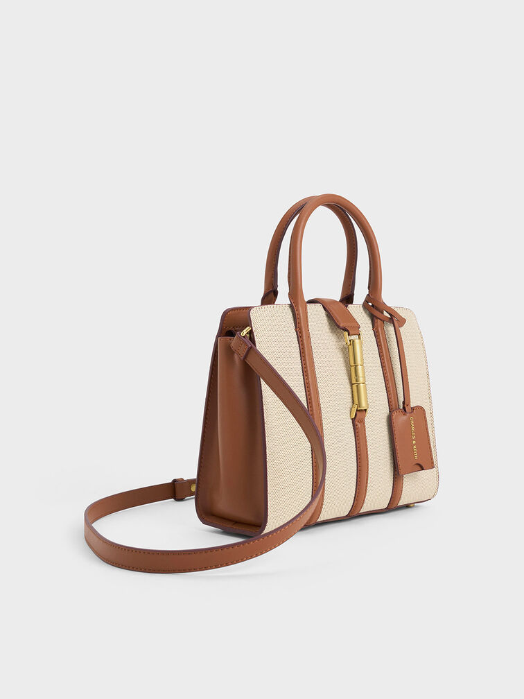 Bolso tote Cesia de lona con acento metálico, Marrón chocolate, hi-res