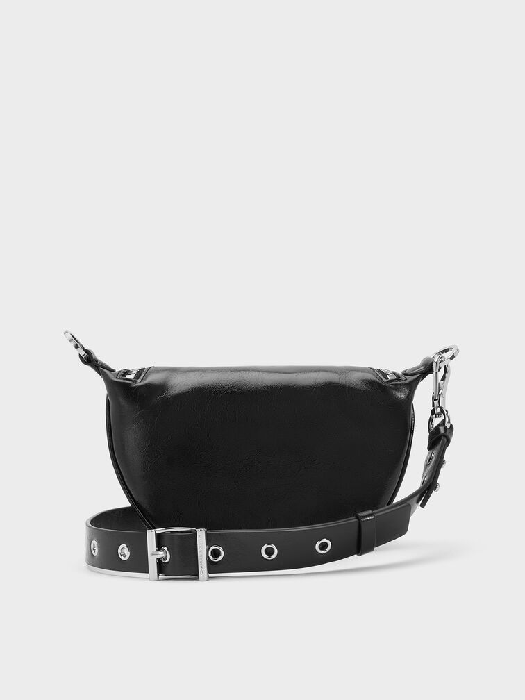 Philomena 鍊條半月斜背包, 黑銀, hi-res