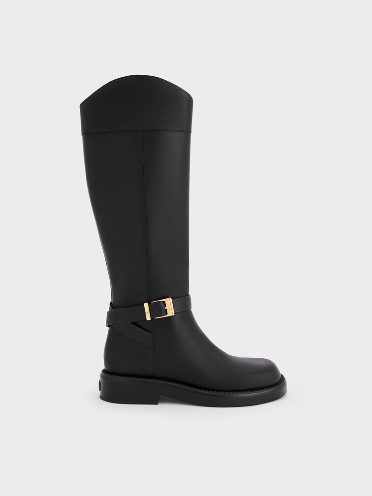 Botas altas de cuero con tira con hebilla, Negro, hi-res