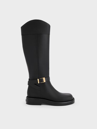 Leather Buckled-Strap Knee-High Boots, Black, hi-res