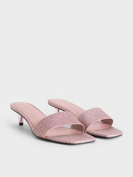 Glittered Cone-Heel Mules, Pink, hi-res