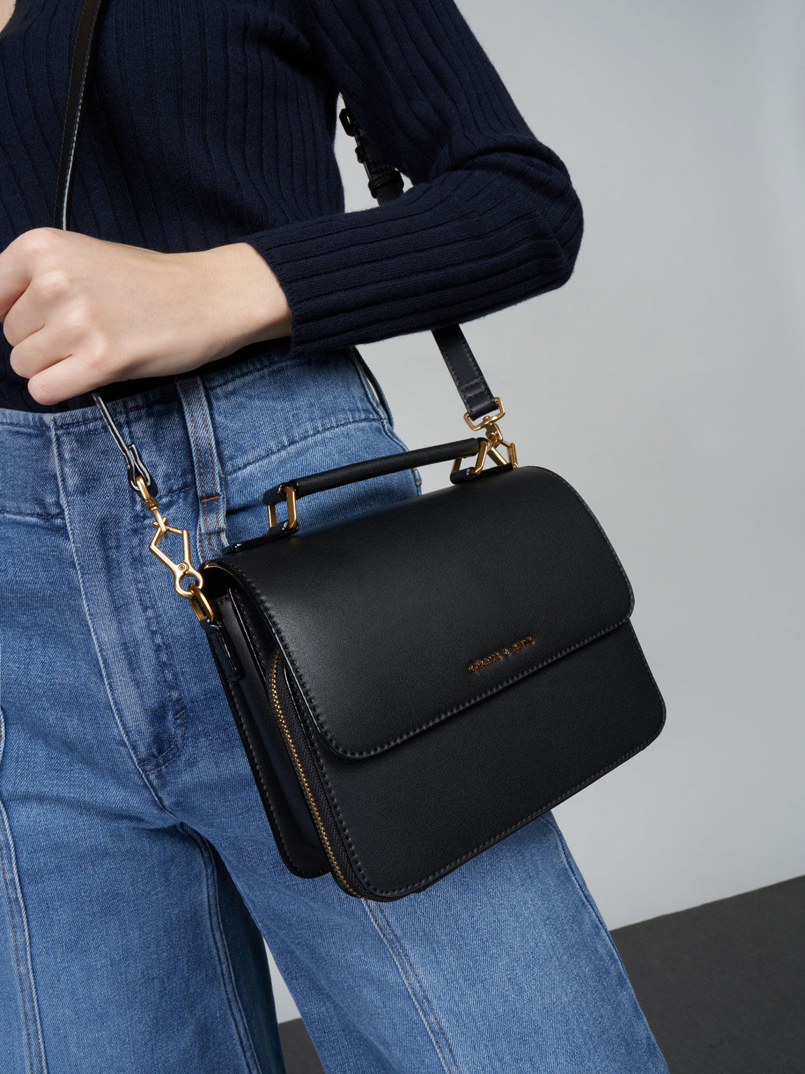 Front Flap Top Handle Crossbody Bag, Black, hi-res