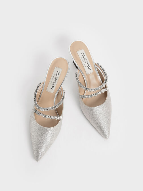 Gem-Encrusted Metallic Glittered Mules, Silver, hi-res