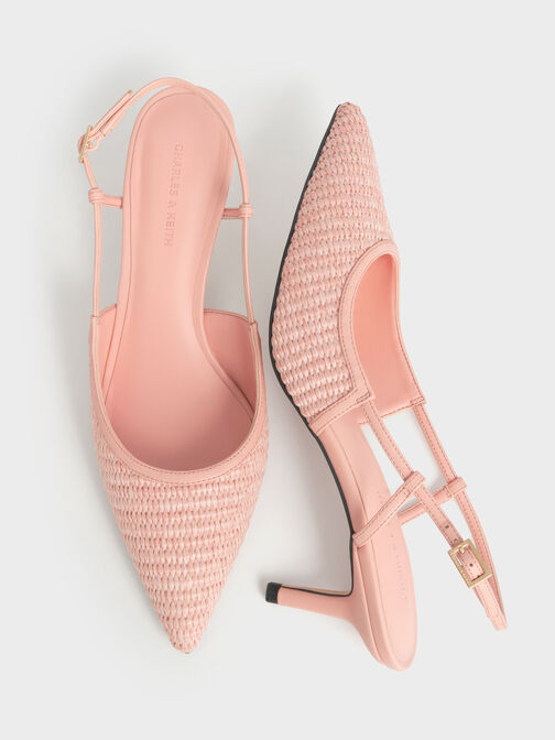 Raffia Pointed-Toe Slingback Pumps, Peach, hi-res
