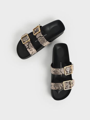 Snake Print Buckle Strap Slide Sandals, Animal Print Natural, hi-res