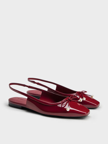 Barbara Patent Pearl-Embellished Bow Slingback Flats, Red, hi-res