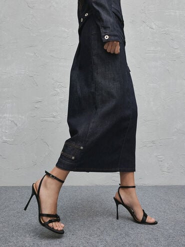 Jessy Recycled Polyester Bow Ankle-Strap Stiletto-Heel Sandals, Black Textured, hi-res