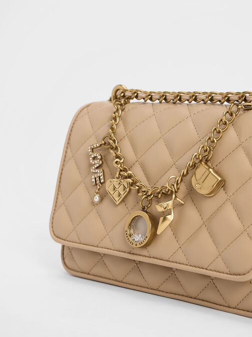 Charm-Embellished Quilted Clutch, Nude, hi-res