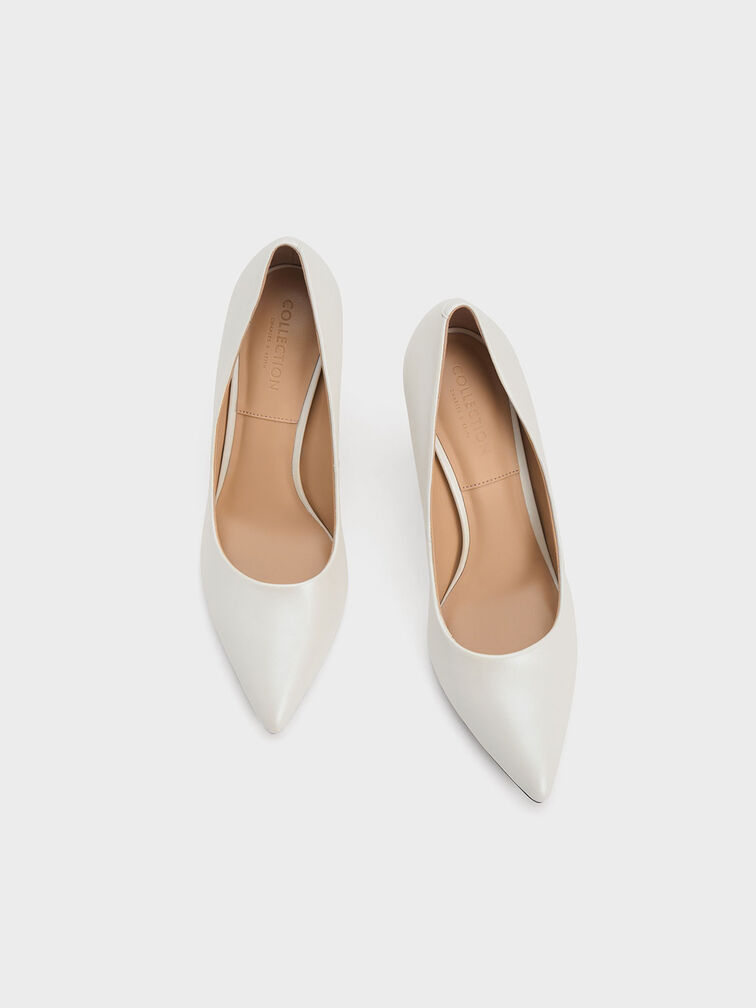 Leather Flared Heel Pumps, White, hi-res