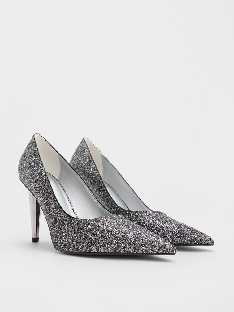 Tacones con tacón de cono y purpurina, Negro texturizado, hi-res