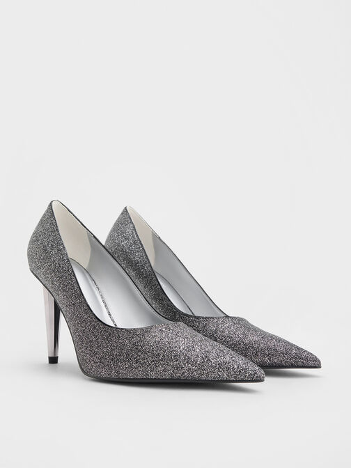 Glittered Cone-Heel Pointed-Toe Pumps, Black Textured, hi-res