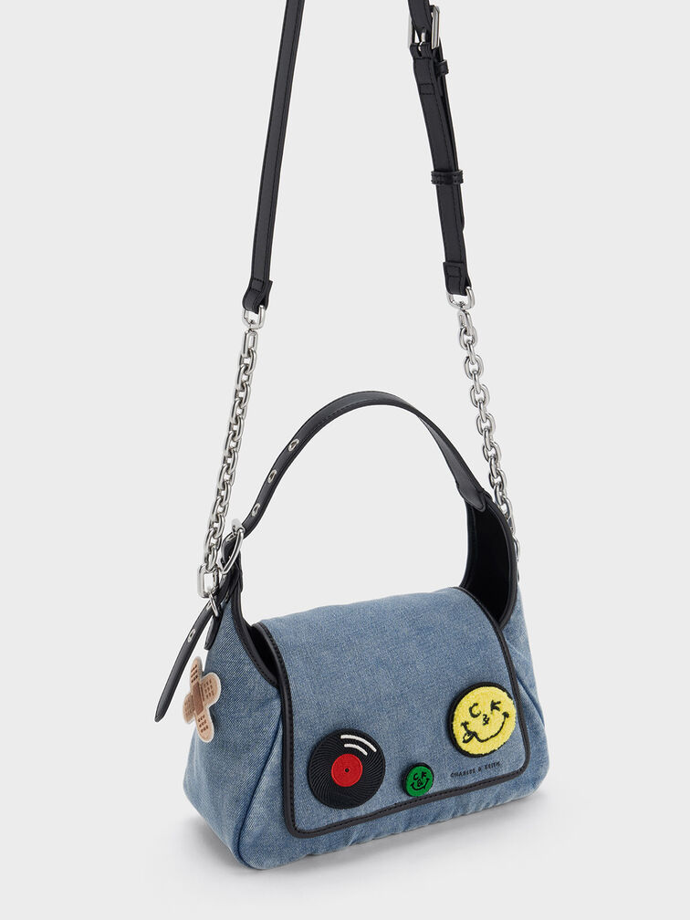Buzz Embroidered Patch Front Flap Hobo Bag, Denim Blue, hi-res