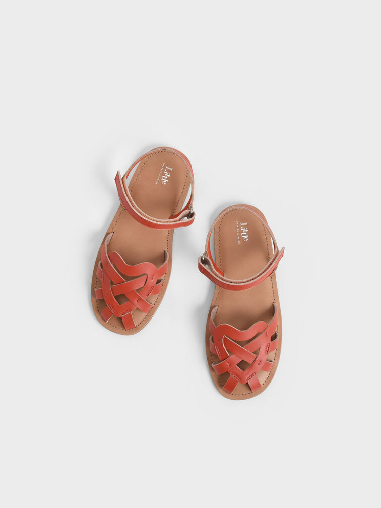 Girls' Caged Ankle-Strap Sandals, Orange, hi-res