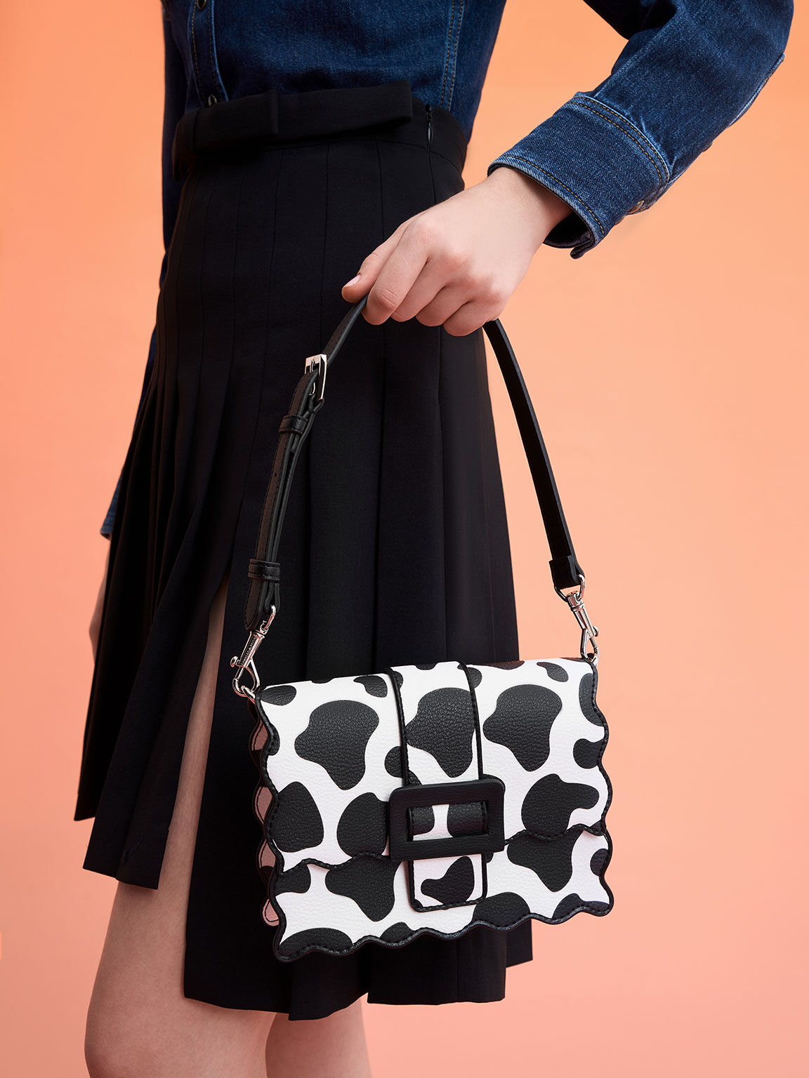 Waverly Cow Print Scallop-Trim Bag, Chalk, hi-res