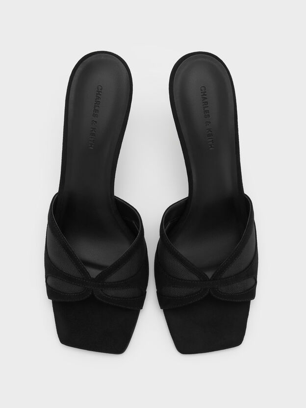 Faux Suede & Mesh Heeled Mules, Black Textured, hi-res