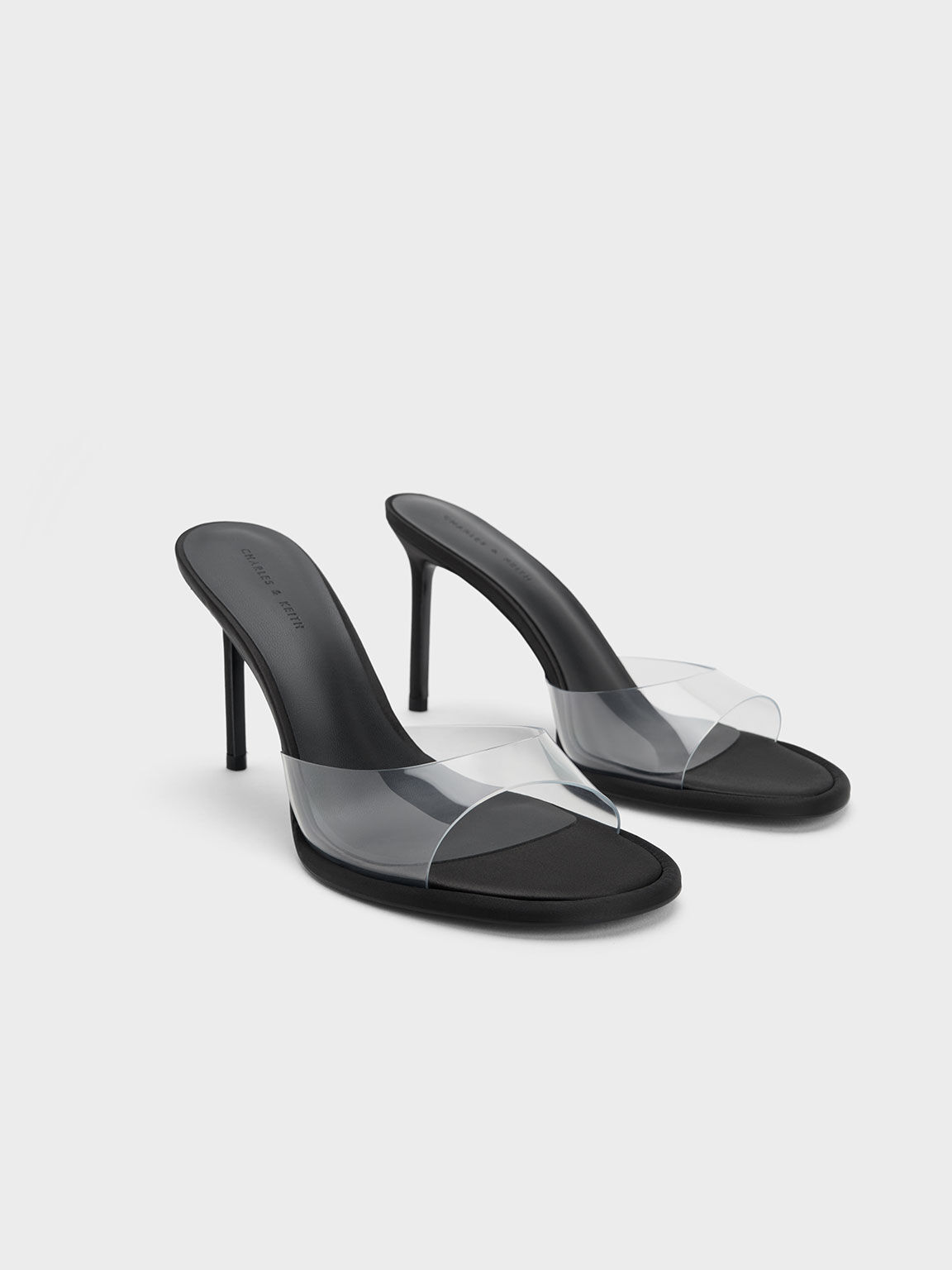 See-Through Cylindrical Heel Mules, Black, hi-res