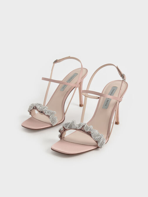 Gem-Embellished Satin Stiletto Sandals, Blush, hi-res