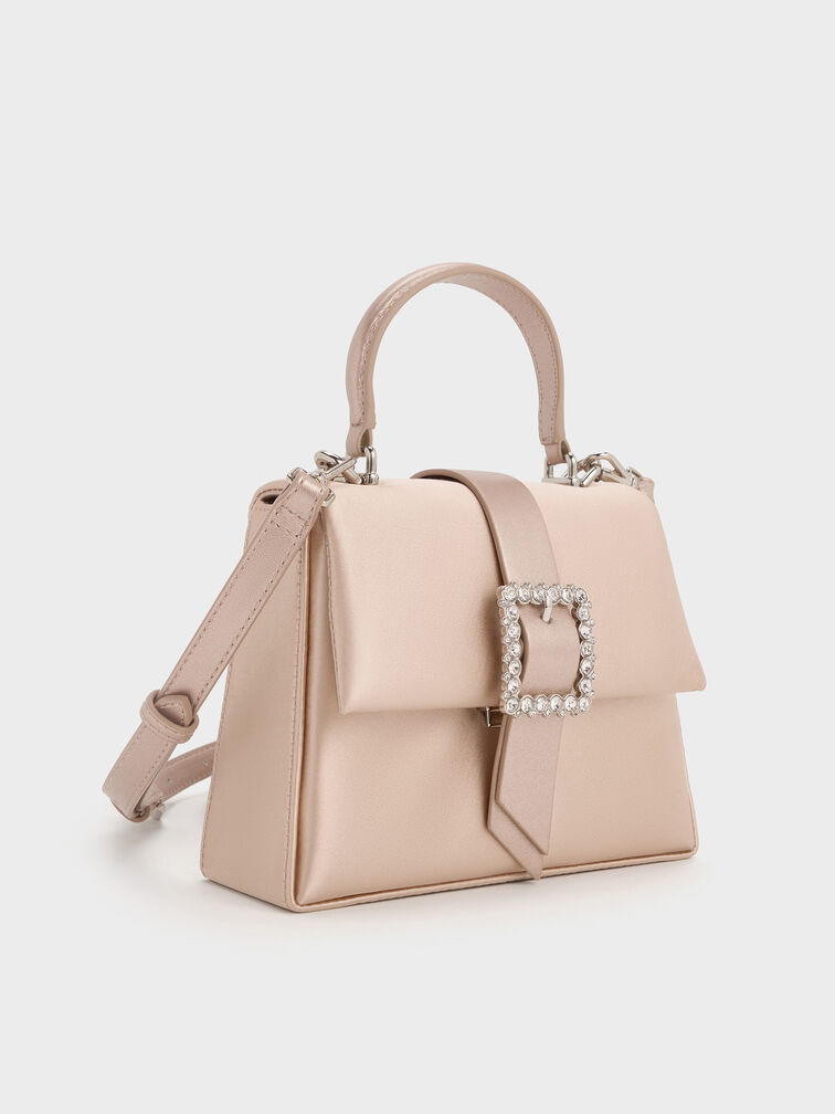 Satin Crystal-Buckle Belted Top Handle Bag, Sunset Nude, hi-res